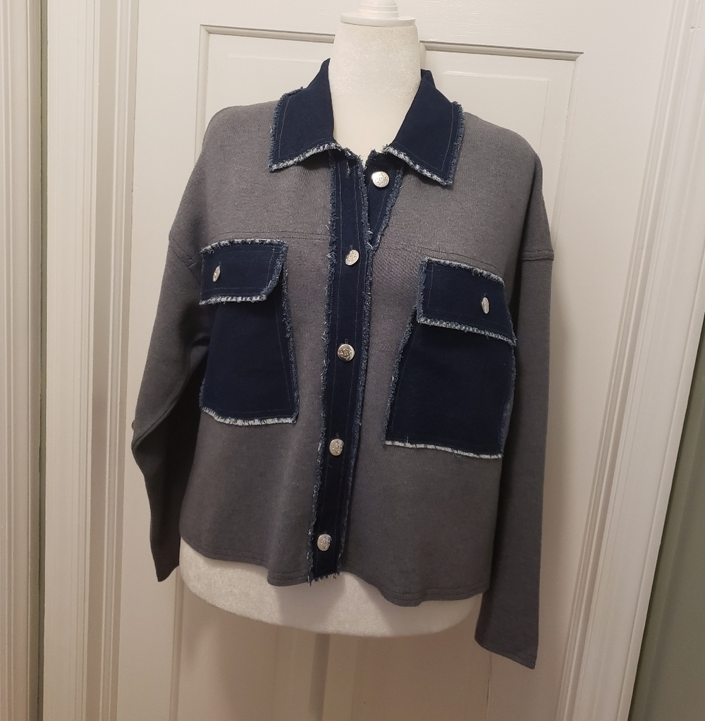 NWT Nanette Lepore Charcoal/Blue Knit Jacket Size XL, Retail $128, Casual
